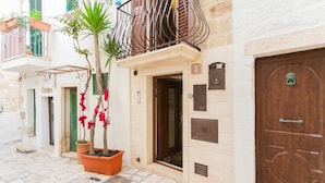 A building with a wooden door, a balcony with metal railings, and a potted plant with red flowers.