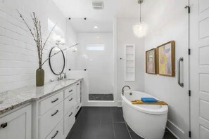 Hair dryer, towels, soap, shampoo