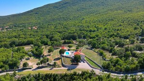 Una villa con piscina, immersa nel verde e con vista su una montagna.