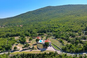 A villa with a swimming pool, surrounded by lush greenery and a mountain backdrop. - Villa Patria with Media room, heated private pool, Summer kitchen, Gym (Lovreć)