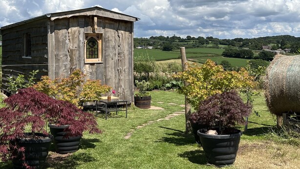 Une construction rustique en bois, dotée d’une fenêtre, entourée de plantes en pot et de bottes de foin, dans un cadre rural.
