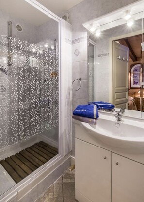 Shower, hair dryer, soap, toilet paper