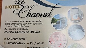 A hotel brochure for Le Channel, highlighting features like 10 rooms, TV/Wi-Fi, a refrigerator, and parking. - LE CHANNEL HOTEL (Le Marin)