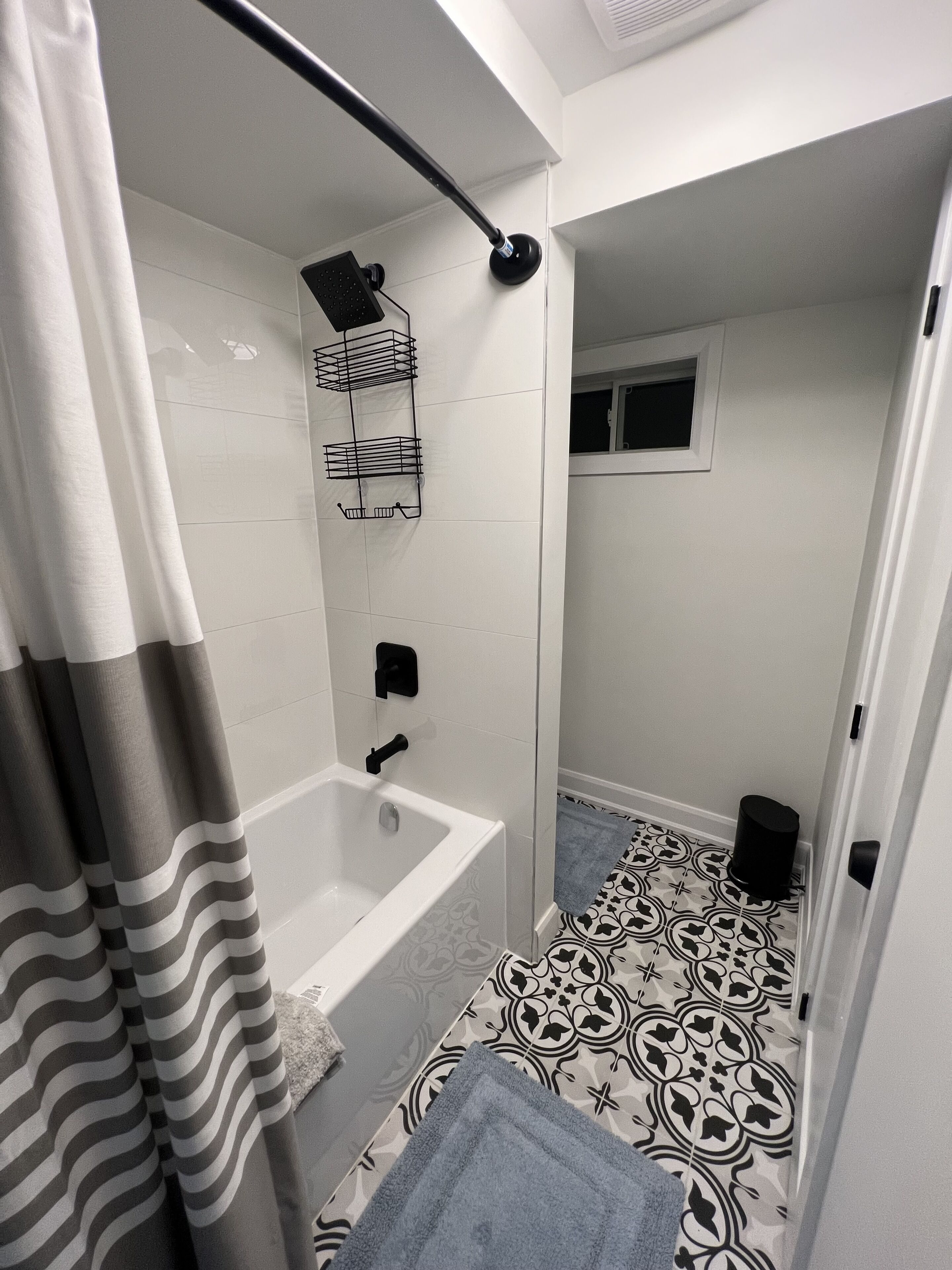 Hair dryer, towels, soap, shampoo