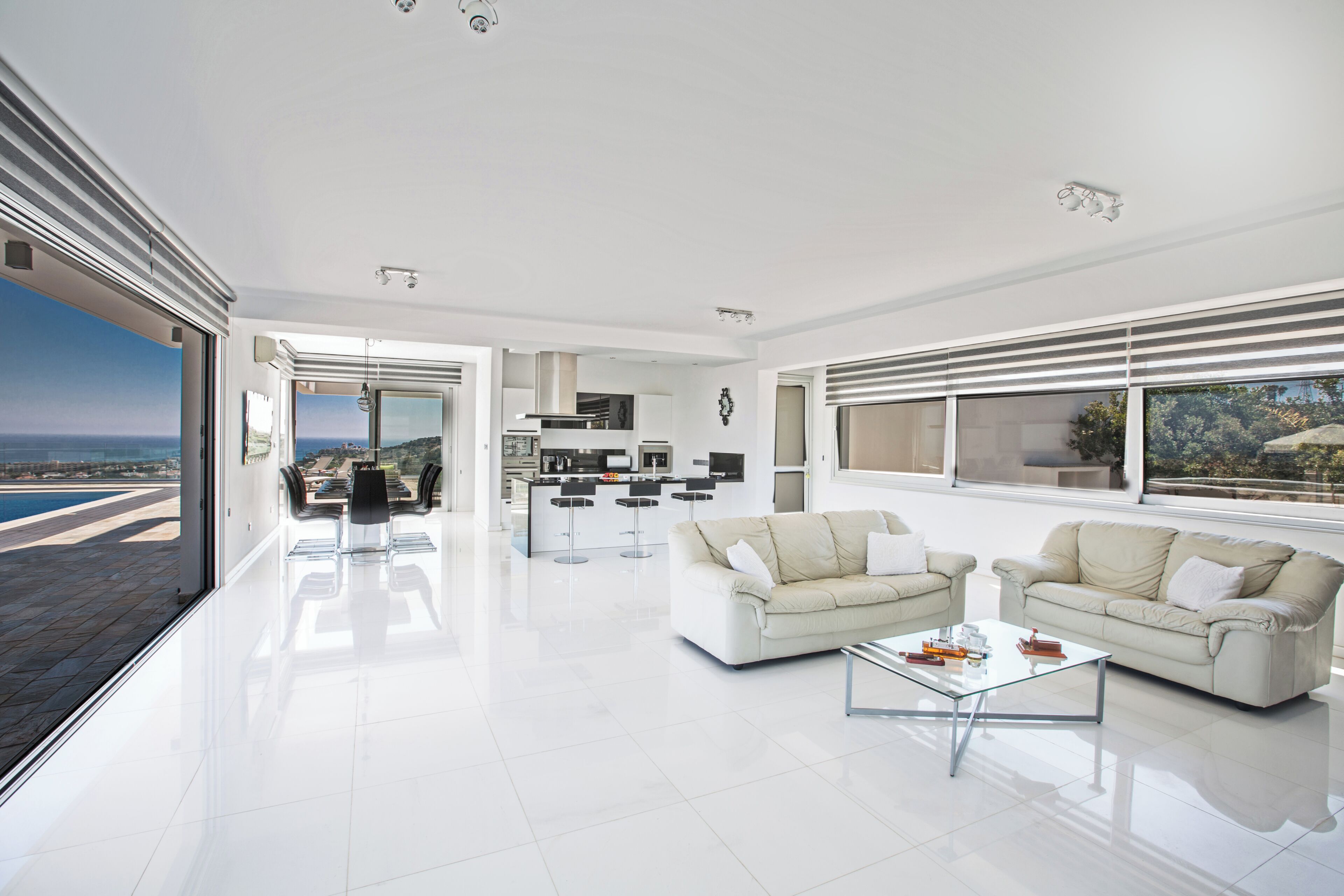 A spacious living area with a large window offering a view of the ocean, a modern kitchen, and a seating area with two sofas and a coffee table.