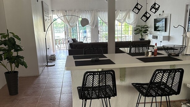 Une cuisine spacieuse avec un îlot central, deux chaises en métal noir et une plante en pot.