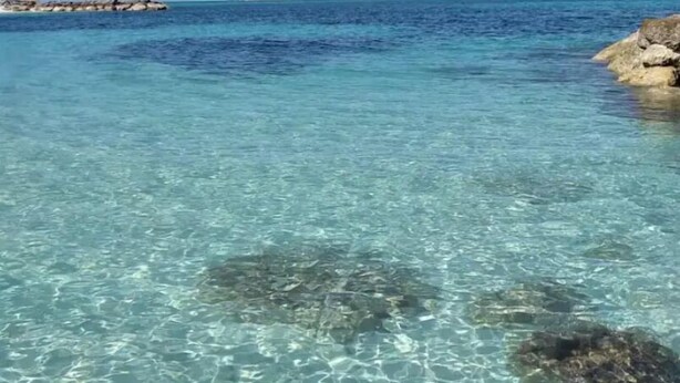 A clear view of a beach with shallow water, rocks, and a distant island.