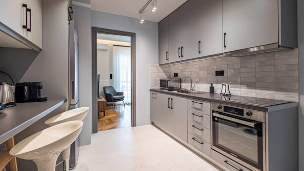 A modern kitchen with grey cabinets, a stainless steel oven, a microwave, and a coffee machine. - Philoxenia I Acropolis Museum (Athens)
