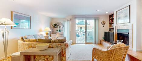 TV, fireplace, books