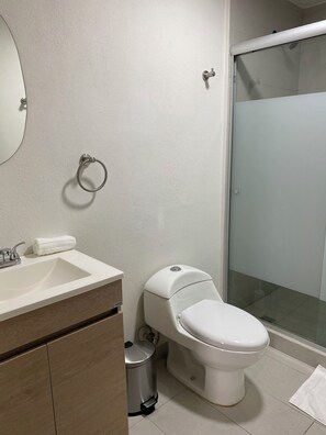 A bathroom with a sink, toilet, and a glass shower enclosure.