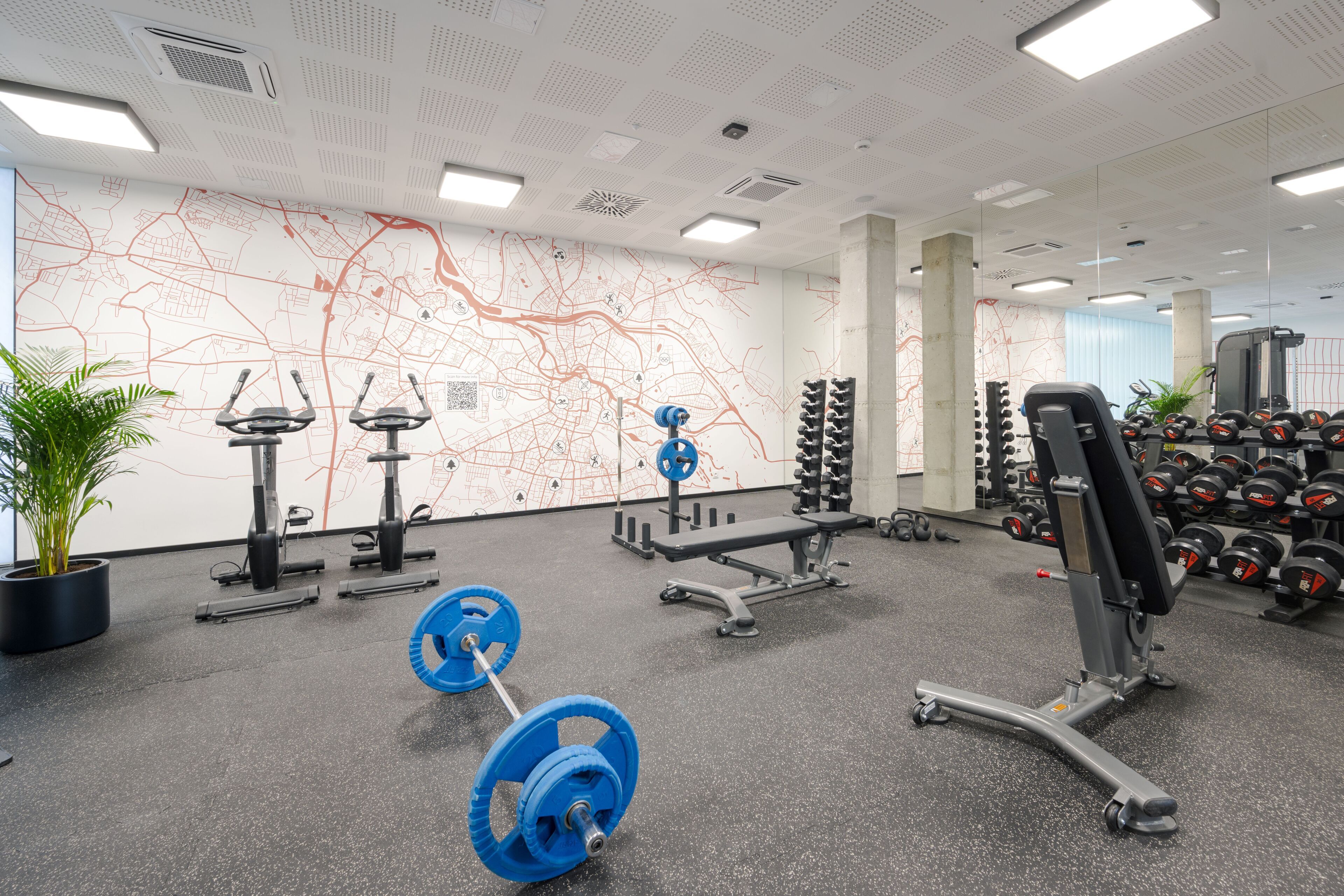 Un gimnasio con varios equipos de ejercicio, un mapa en la pared y una planta en maceta.