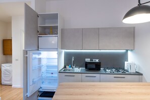 Apartamento | Cocina privada | Frigorífico grande, microondas, horno y placa de cocina