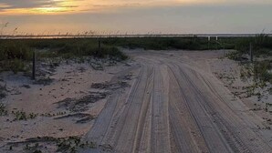 Een onverharde weg die naar een strand leidt, met een hek en gaasafscherming.