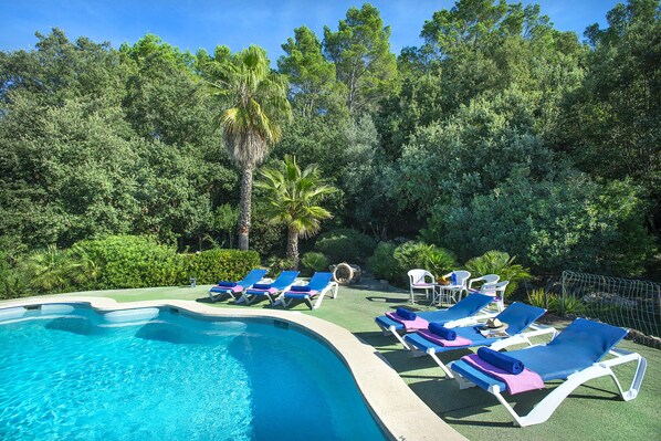 Une piscine entourée de chaises longues bleues et blanches, le tout baigné d’une végétation luxuriante et bordé d’arbres.