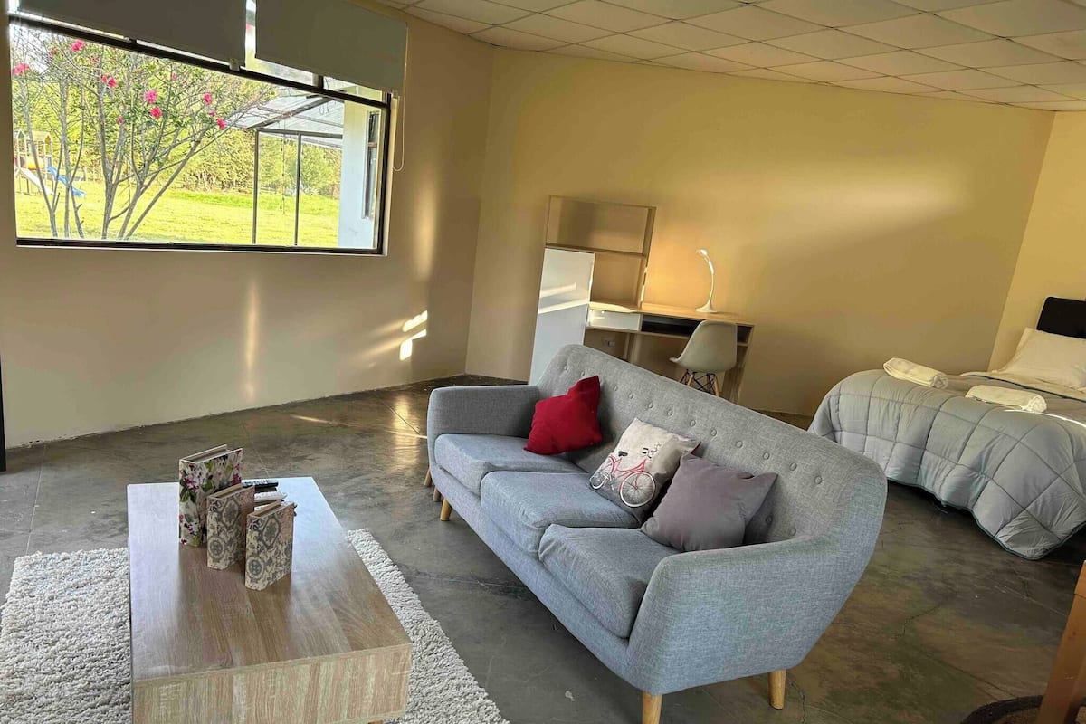 Ein modernes Wohnzimmer mit einem grauen Sofa, einem Holztisch und Blick auf einen Garten durch ein großes Fenster.