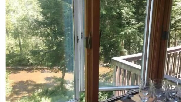 A room with a large window overlooking a forested area. There are several empty wine glasses on a wooden table. - Red Bend cabin overlooking the river with hot tub. (Bellville)