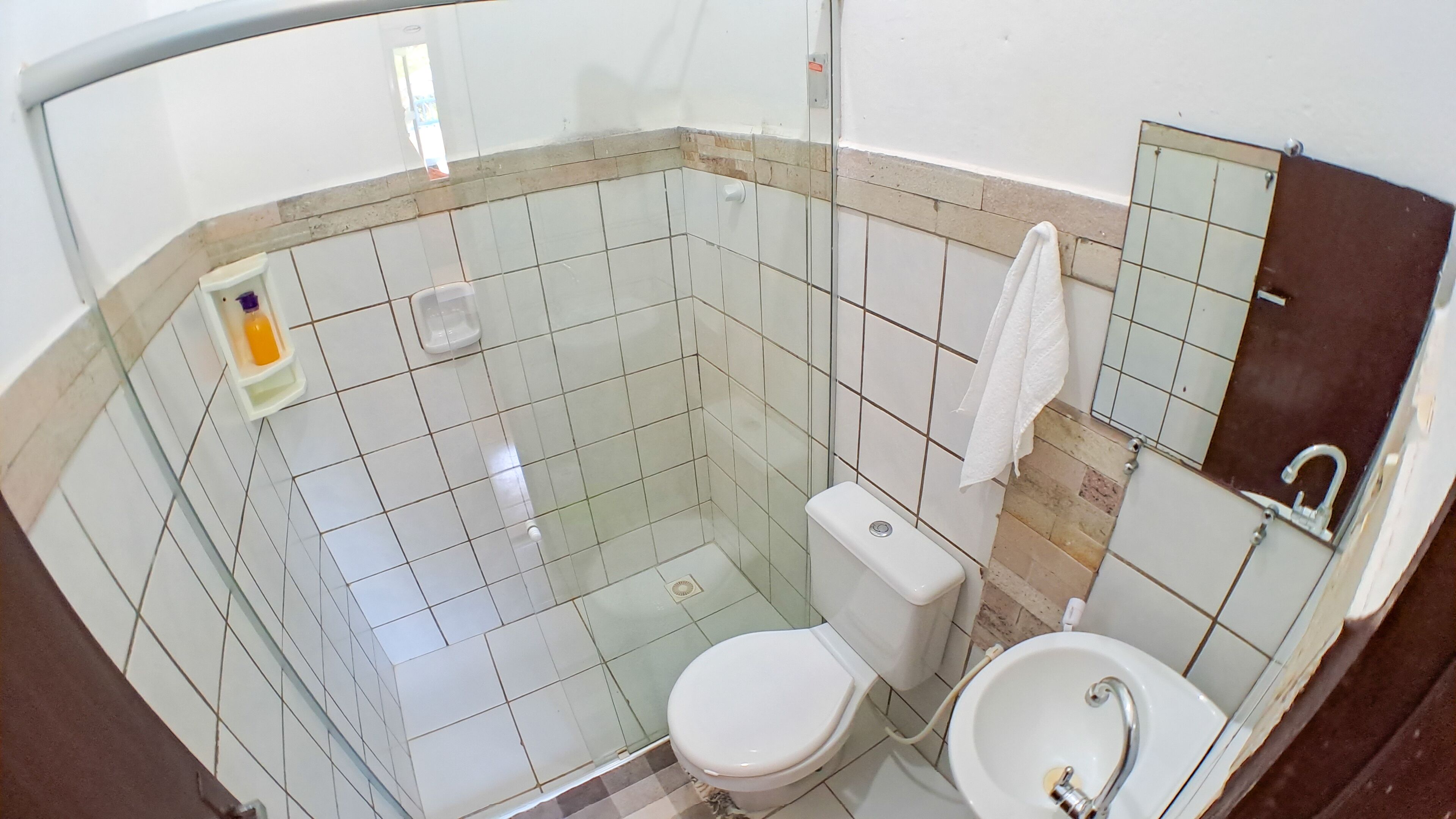 A bathroom with a toilet, sink, and glass shower enclosure.