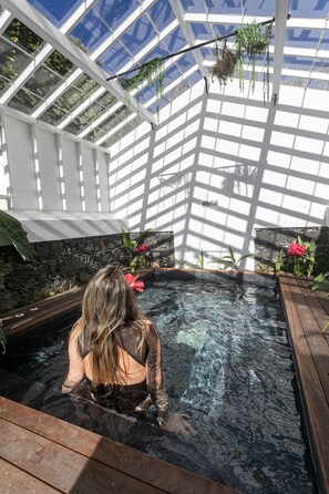 A glass-enclosed hot tub area with a wooden deck and potted plants. - Casa Portuguesa Charming House (Ponta Delgada)
