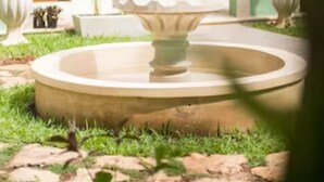 A circular fountain with multiple tiers in a courtyard surrounded by greenery and potted plants. - Hotel Maculan (Valladolid)