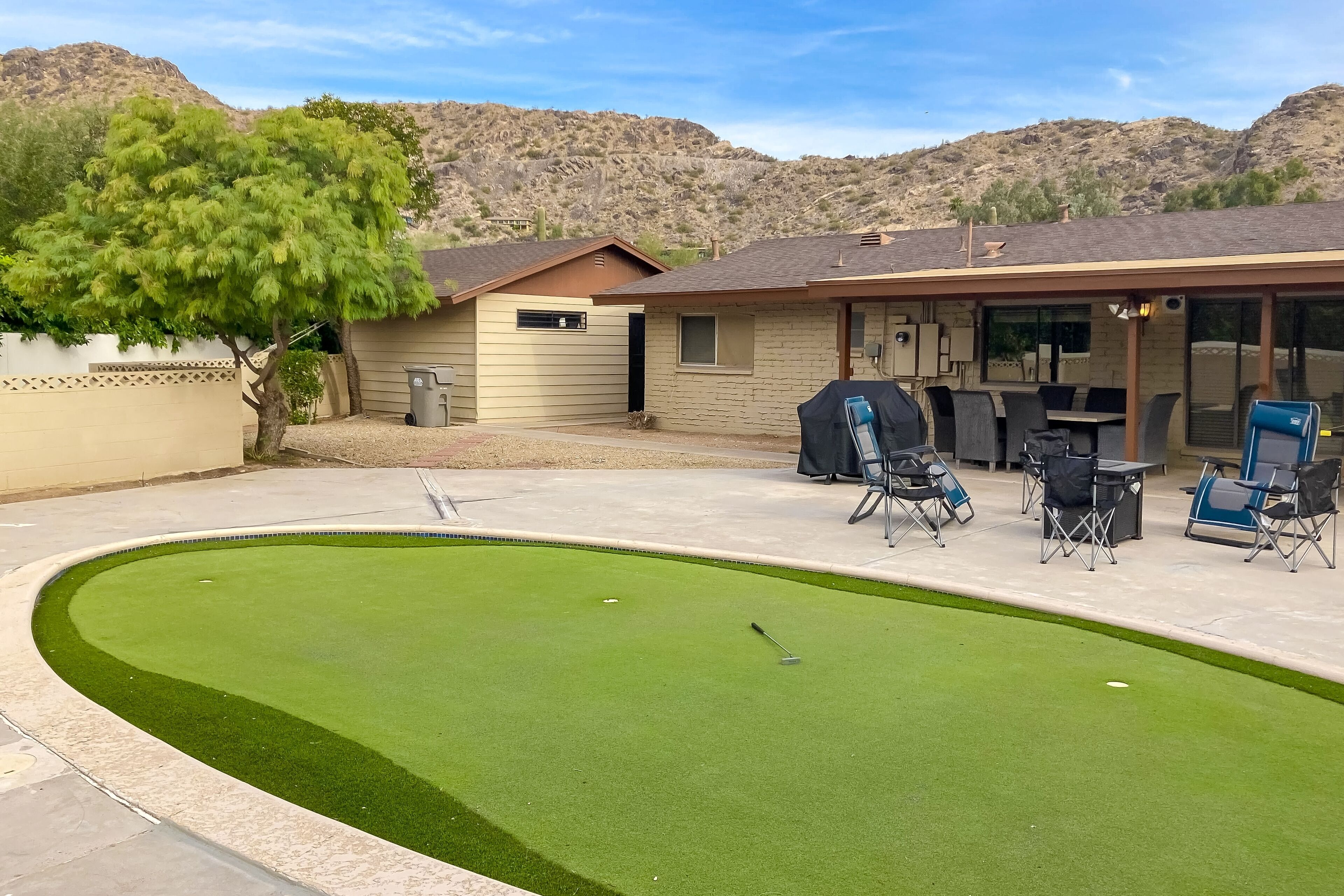 Sunlit & spacious desert villa with patio, games, & fire pit - near golf & parks