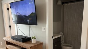 Een kamer met een houten entertainmentmeubel, een flatscreen televisie waarop een berglandschap te zien is, een kleine potplant en een badkamer met toilet en een vloer met een patroon.