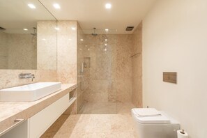 Douche, séchoir à cheveux, serviettes fournies, savon