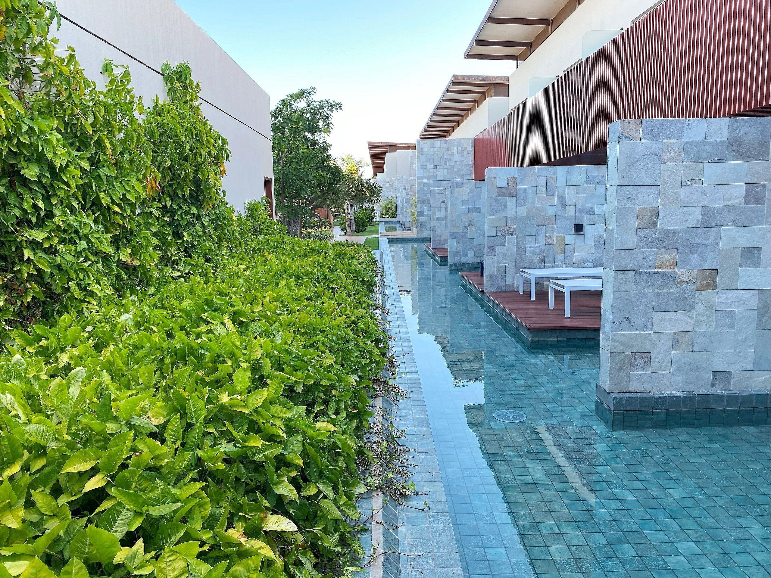 A pool area with stone walls and a hedge.