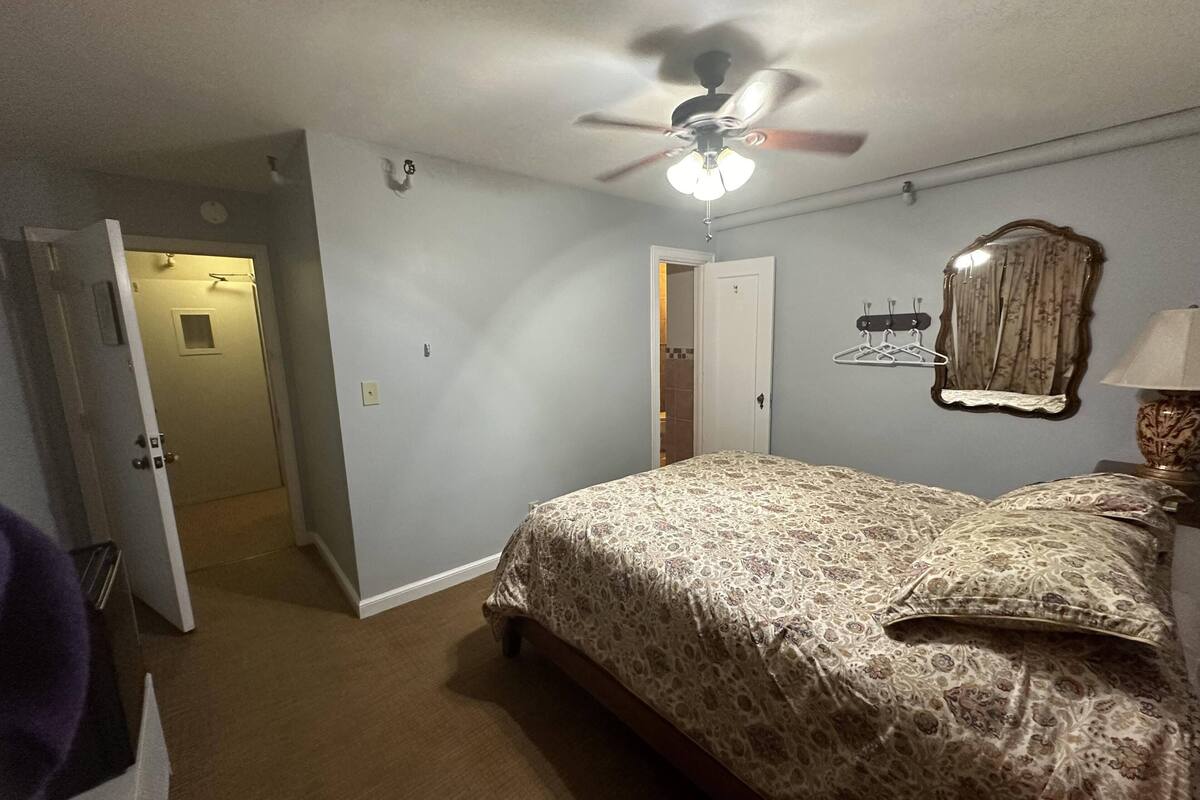 Une chambre à coucher avec un lit, un ventilateur de plafond, une porte et un miroir au mur.