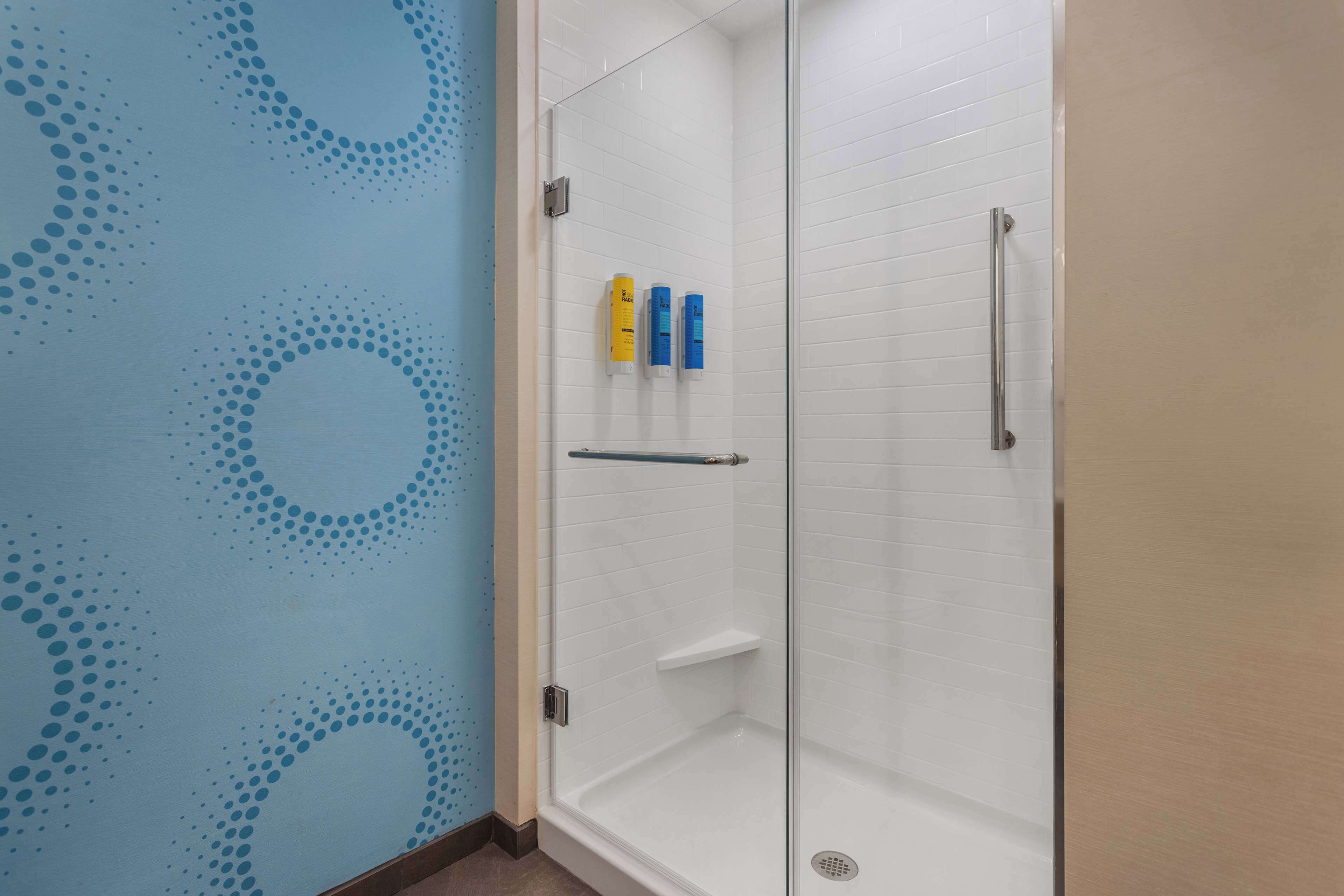 A shower area with a glass door, a towel rack, and two toiletries on the wall.