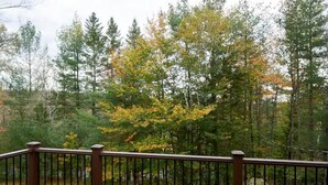 A wooden deck with a metal railing overlooking a forested area with autumn-colored trees. - Spacious yet cozy house close to Gore Mountain

 (Johnsburg)