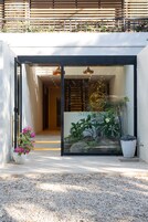 Une entrée moderne avec une porte en verre, un pot de fleurs et un chemin menant à la porte.