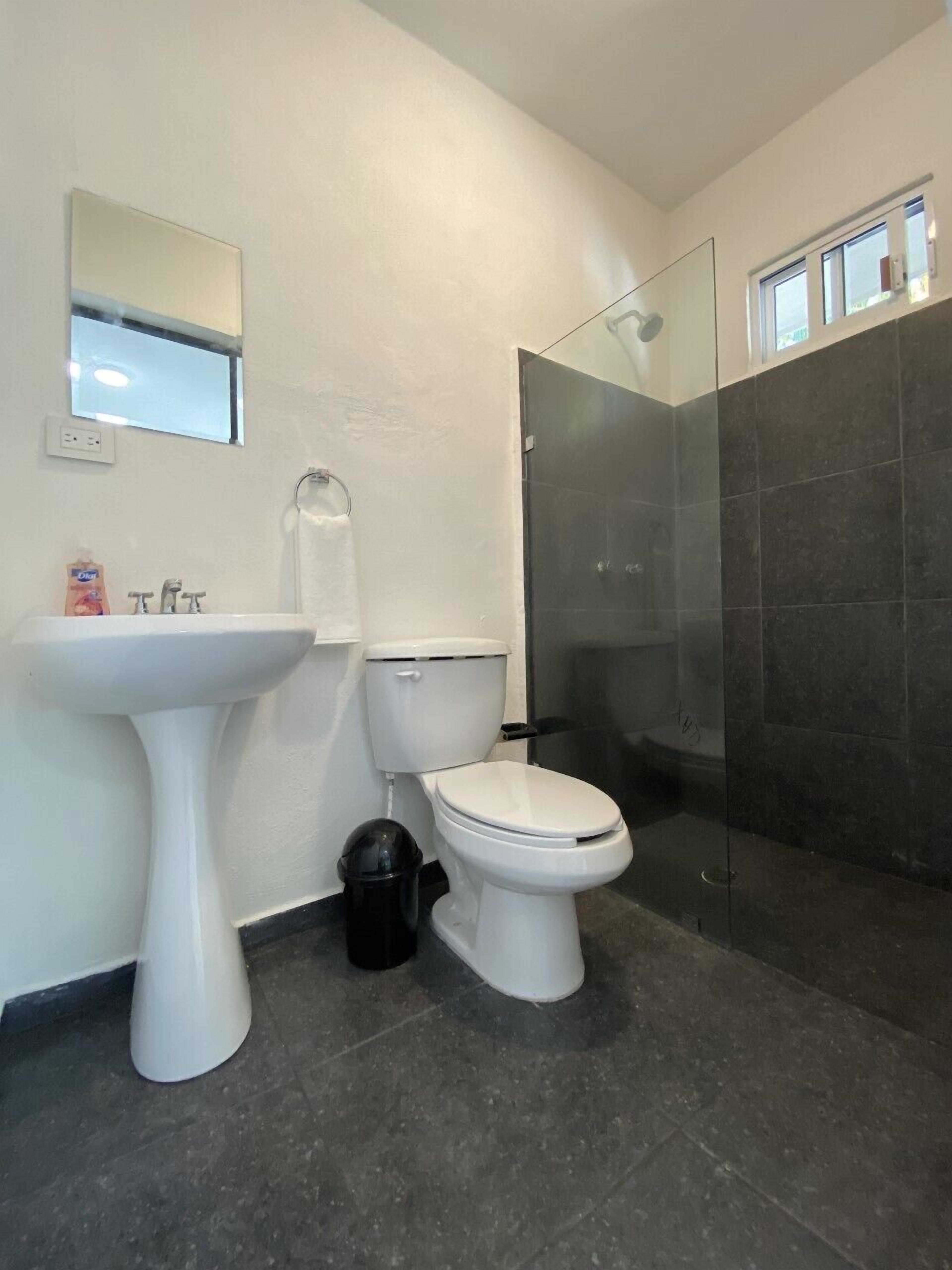 Een moderne badkamer met een wastafel op voet, toilet en een douchecabine met glazen wanden.