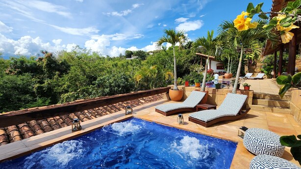 Una piscina en la azotea con sillones reclinables y plantas en macetas.