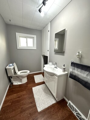 Hair dryer, towels, soap, shampoo