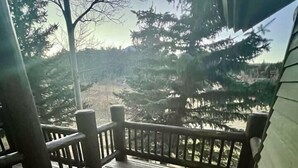 Um deck de madeira com guarda-corpos, com vista para uma área arborizada com árvores e um corpo d'água.