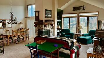 Televisión, chimenea, reproductor de DVD y oficina