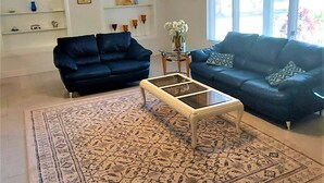 Ein Wohnzimmer mit zwei dunkelblauen Sofas, einem Glastisch, einem gemusterten Teppich, einem Deckenventilator und Regalen mit Dekoration.