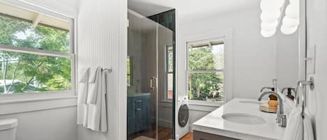 Hair dryer, towels, soap, toilet paper