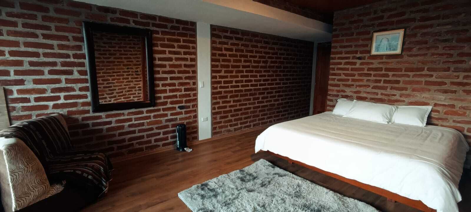 A bedroom with a brick wall, a bed with white bedding, a gray rug, and a wooden floor.