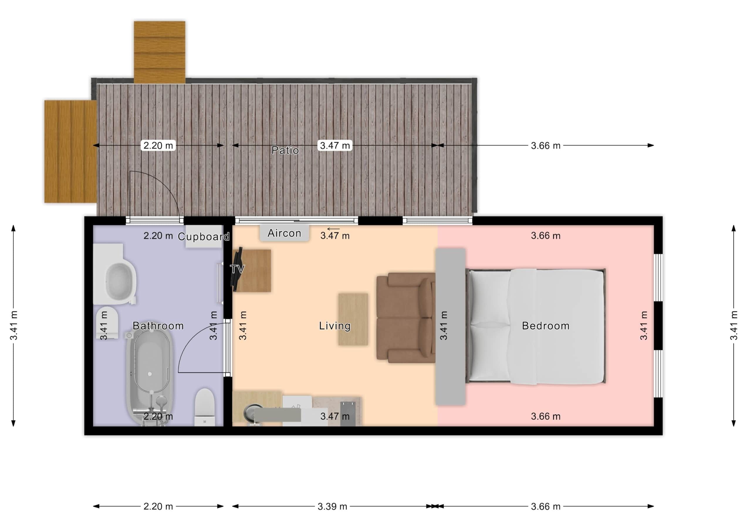 Plan d’une chambre d’hôtel comprenant un balcon, un espace de vie, une chambre et une salle de bain. Le balcon mesure 2,20 m sur 3,47 m, l’espace de vie mesure 3,47 m sur 3,66 m, la chambre mesure 3,66 m sur 3,41 m et la salle de bain mesure 2,20 m sur 3,41 m.