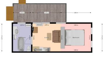 Plan d’une chambre d’hôtel comprenant un balcon, un espace de vie, une chambre et une salle de bain. Le balcon mesure 2,20 m sur 3,47 m, l’espace de vie mesure 3,47 m sur 3,66 m, la chambre mesure 3,66 m sur 3,41 m et la salle de bain mesure 2,20 m sur 3,41 m.