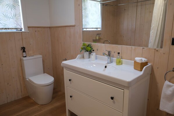 Un baño con inodoro, lavabo y espejo.
