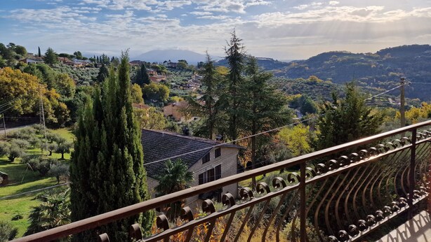 Un balcón con vistas a un pueblo en la ladera, árboles y una montaña distante.