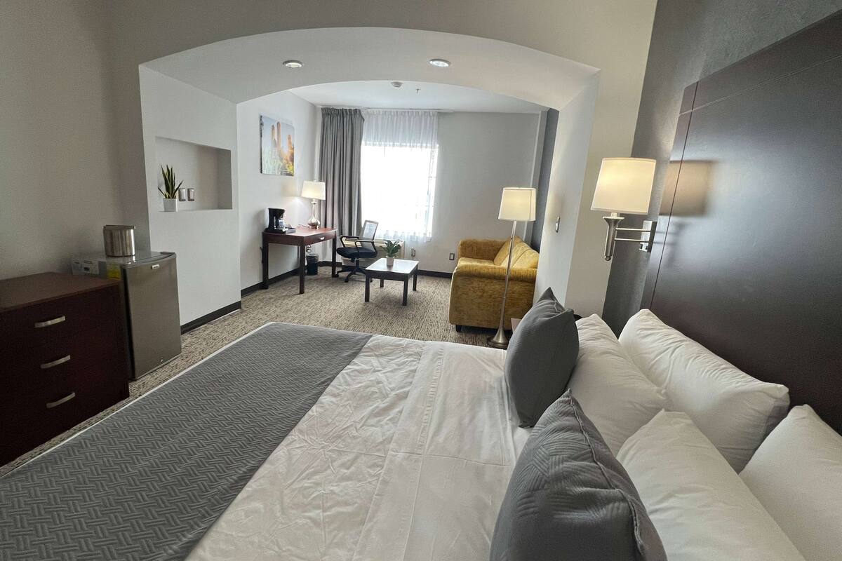Habitación de hotel con una cama grande, un escritorio, una silla, un sofá y una lámpara.