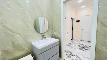 Hair dryer, towels, soap, shampoo