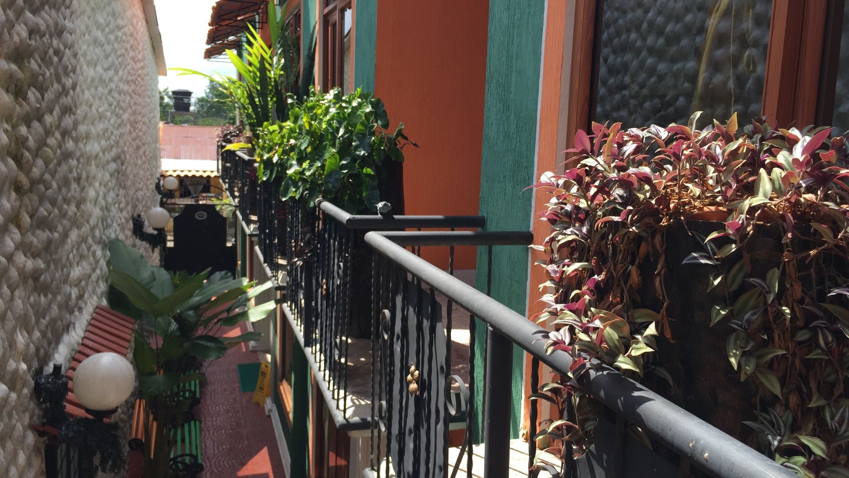 Un étroit couloir extérieur doté d’une rambarde en métal, de plantes en pot et d’un sol carrelé.