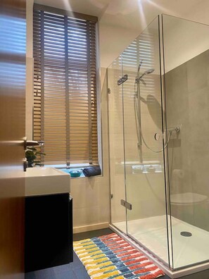 Douche, sèche-cheveux, serviettes fournies, savon