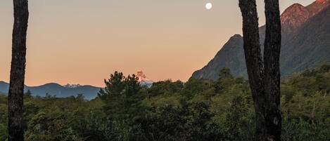 Un paysage de montagne avec une lune visible, une forêt dense et une clôture en bois.