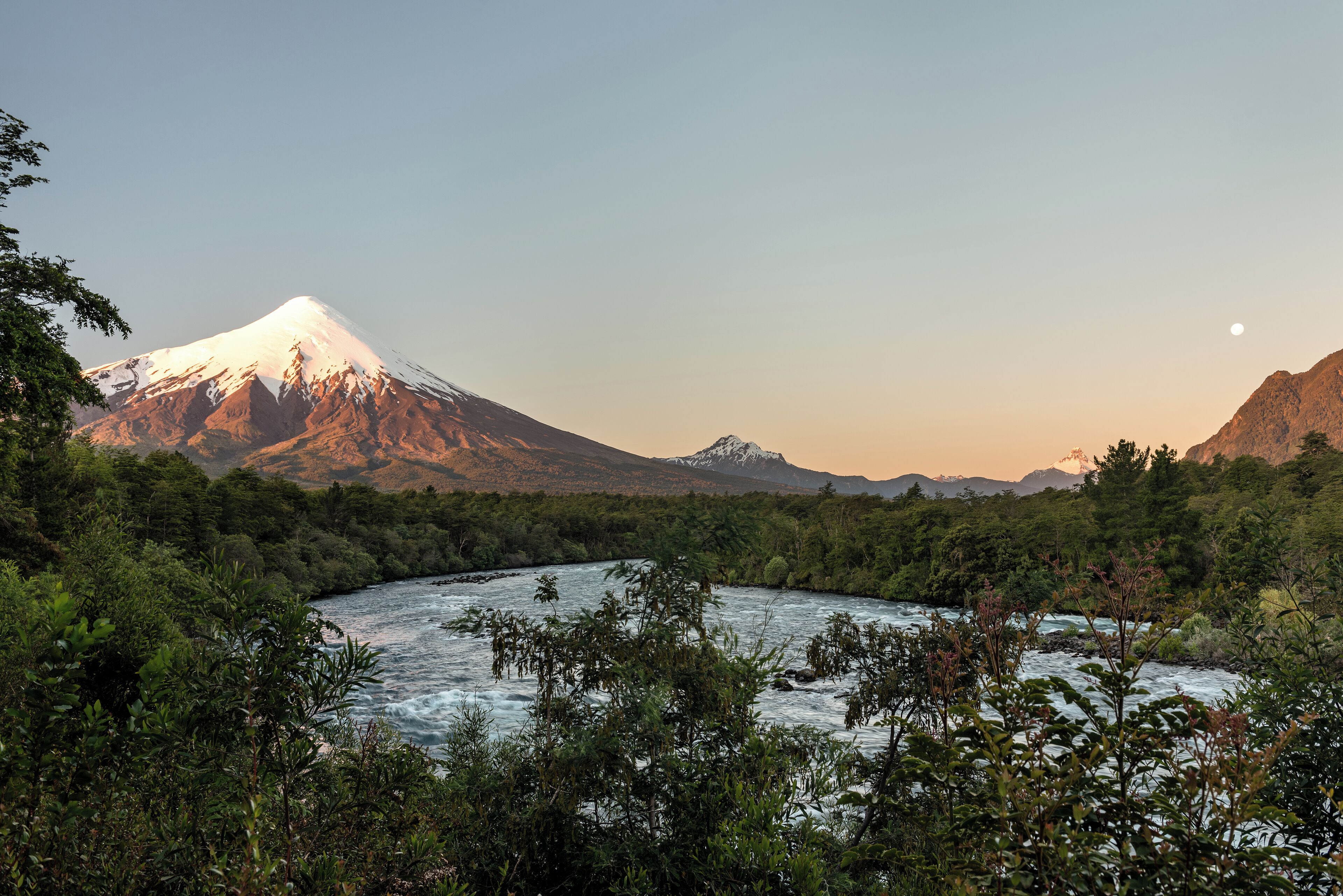 A river flowing through a forest with a snow-capped mountain in the background.