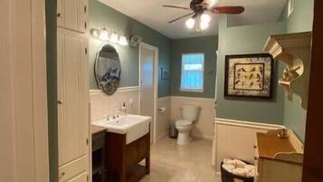 Hair dryer, towels, soap, shampoo